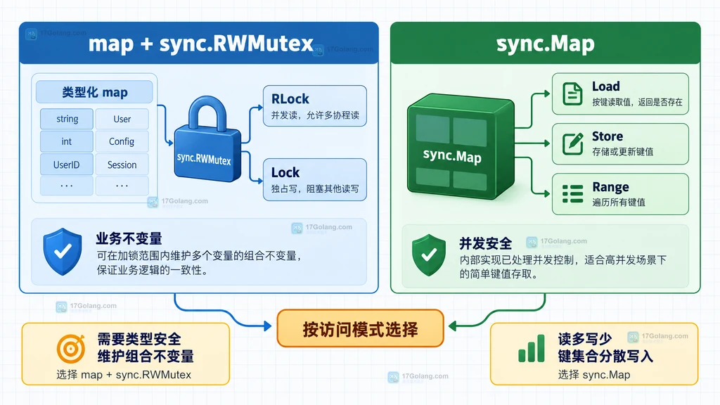 map 加 sync.RWMutex 与 sync.Map 的适用边界对比说明图