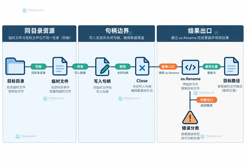 目标目录、临时文件、Close、os.Rename 和错误分类的静态关系