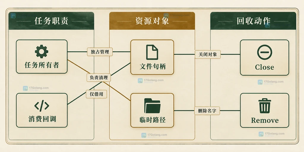 静态职责图：任务所有者同时承担文件句柄和临时路径的回收责任，关闭与删除不是替代关系。