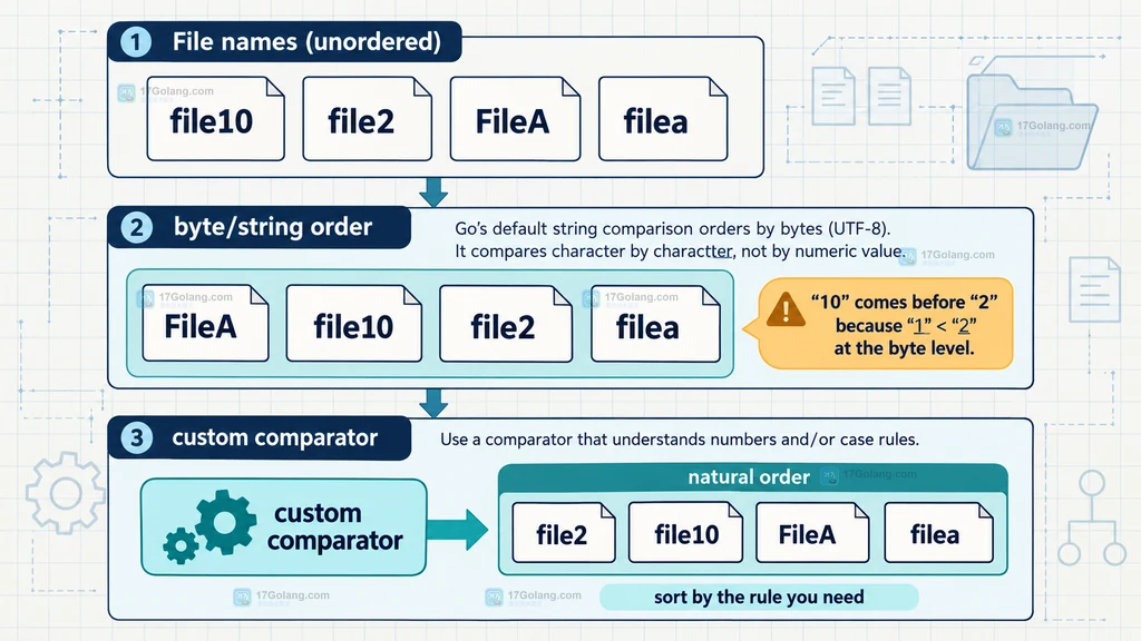 Go os.ReadDir 与 File.ReadDir 的文件名排序和目录顺序边界说明图