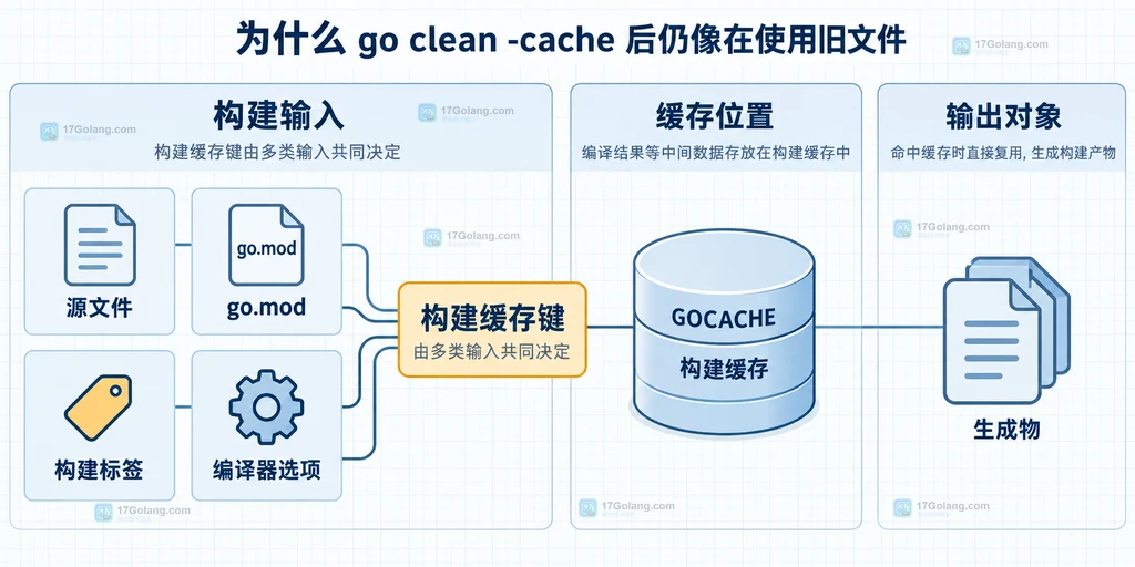 Go 构建缓存输入关系图,展示源文件、go.mod、构建标签、编译器选项、GOCACHE、构建缓存和生成物的边界