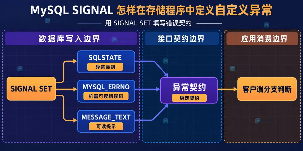 MySQL SIGNAL 的 SQLSTATE、MYSQL_ERRNO、MESSAGE_TEXT 与客户端错误契约之间的静态关系说明图