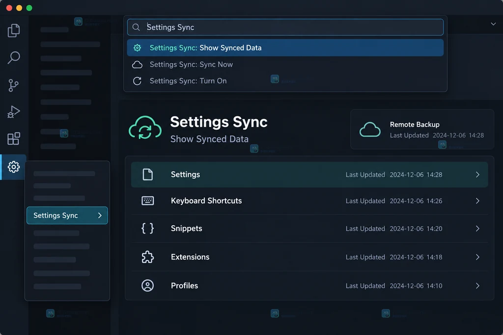 原创界面说明图：Settings Sync 的 Show Synced Data 远端数据视图