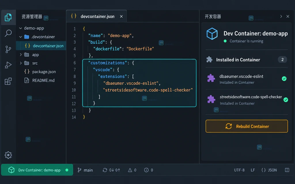 原创界面说明图：devcontainer.json 的扩展配置与容器安装状态
