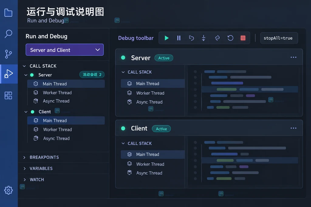 原创 VS Code 运行与调试界面说明图，展示 Server and Client 组合项和两个活动调试会话