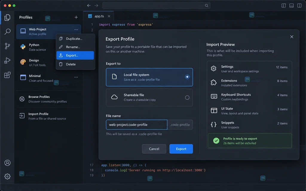 VS Code Profiles 编辑器中显示 Web Project 与 Folders & Workspaces 项目关联的原创界面说明图