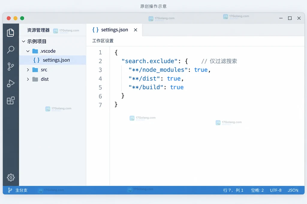 原创工作区设置说明图，settings.json 中保存 search.exclude 目录规则
