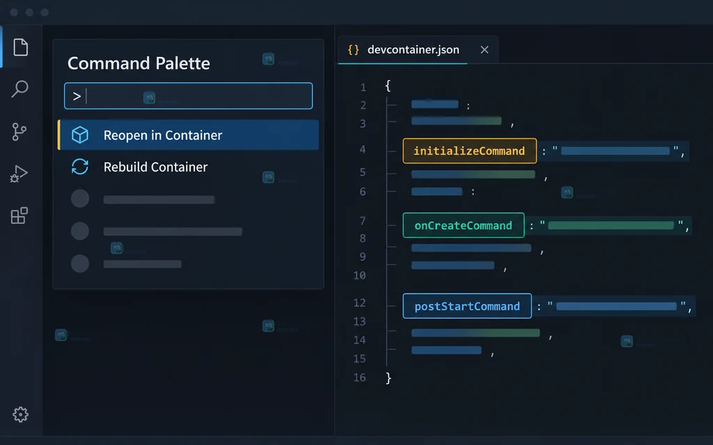 VS Code Dev Container 命令面板与 devcontainer.json 生命周期字段的原创界面说明图