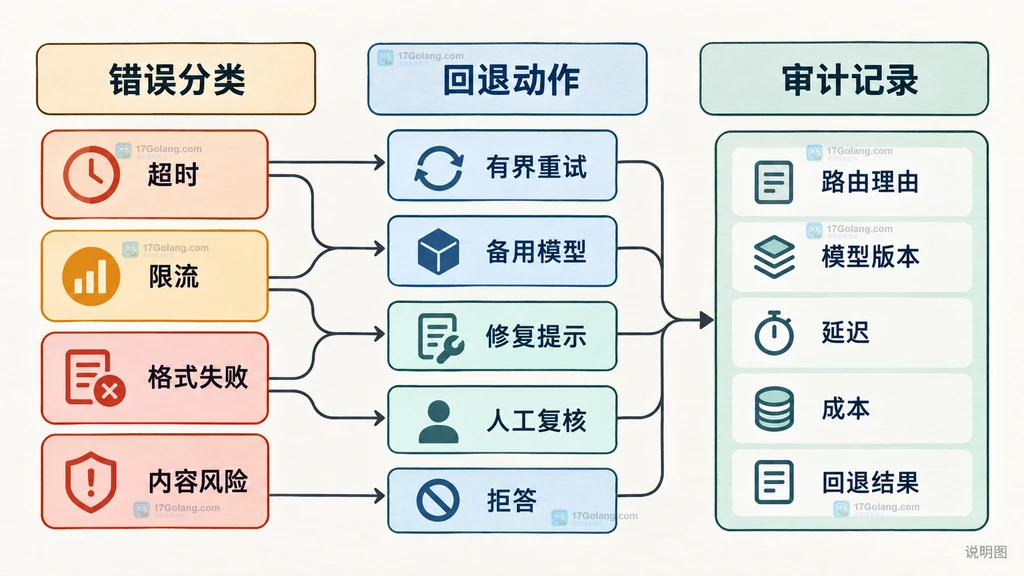 错误分类、回退动作与审计记录之间关系的结构说明图