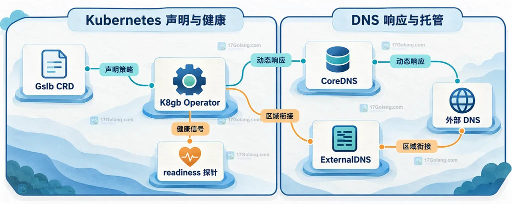 K8gb Operator、Gslb CRD、健康探针与 DNS 组件关系说明图
