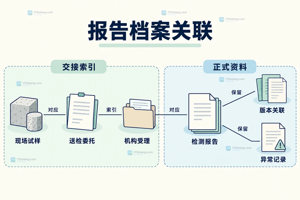 送检委托、机构受理、报告版本和档案索引的关联说明图