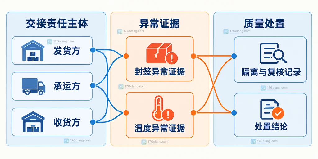 冷链异常处理中发货方、承运方、收货方与异常证据、隔离复核、处置结论的关系说明图