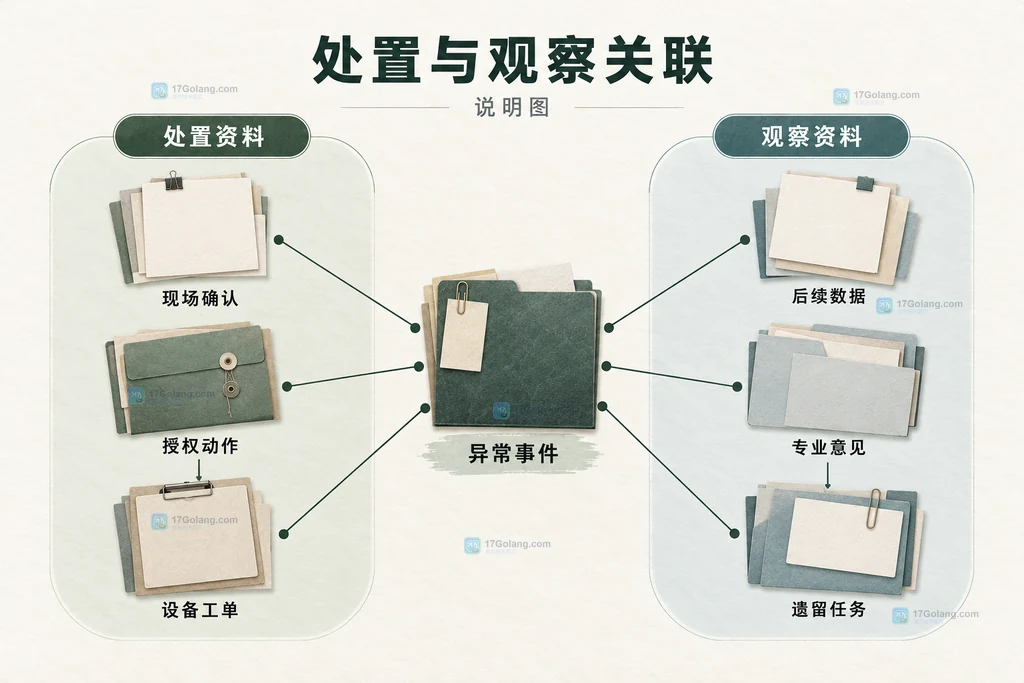 异常事件、现场确认、授权处置和恢复观察记录之间的关联