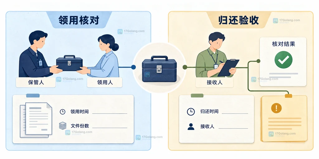 企业印章领用、文件份数核对、归还时间和接收人形成闭环的静态说明图
