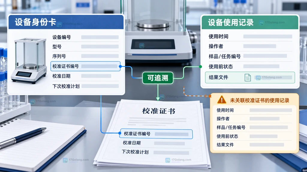 设备主档、校准证书、使用记录与检测结果之间的关联结构示意图