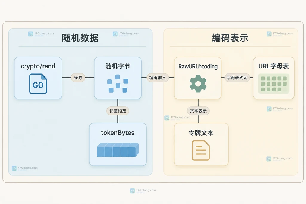 crypto/rand关联32字节随机数据，RawURLEncoding关联URL字母表与无填充令牌文本