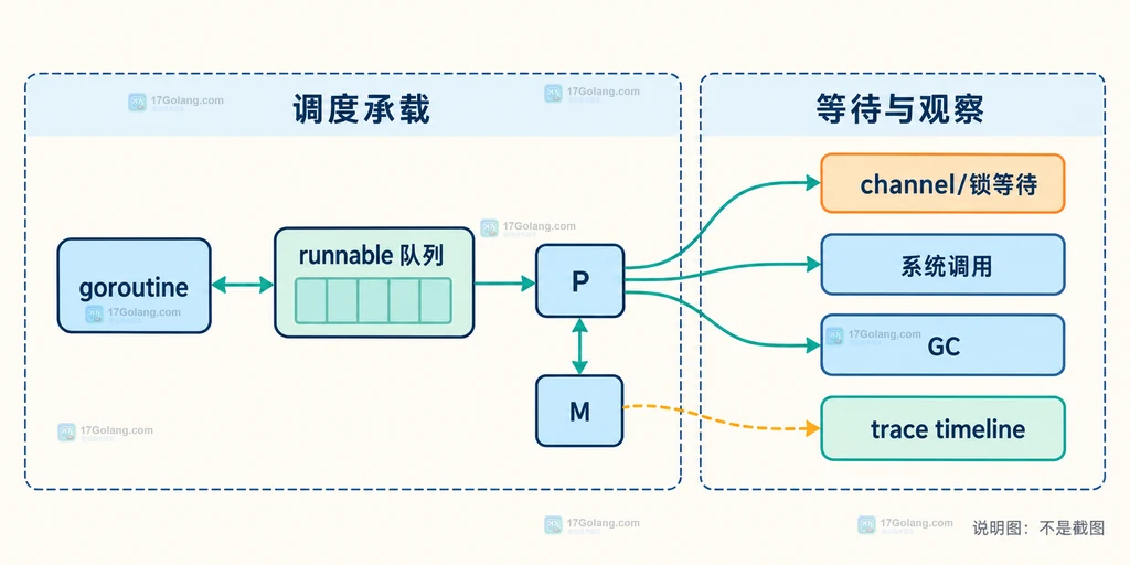 Go runtime trace 从 goroutine 与调度事件到 trace.out 和 go tool trace 的静态关系说明图