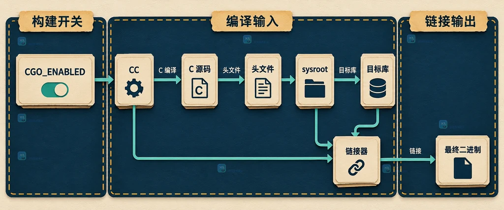 CGO_ENABLED、CC、头文件、目标库和最终链接产物之间的静态依赖关系图