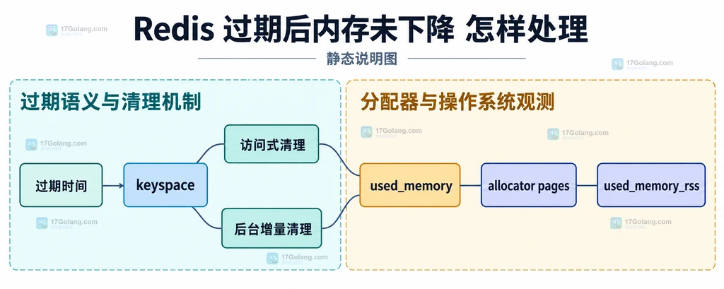 Redis 过期时间、清理机制、分配器页面和进程 RSS 的静态关系说明图