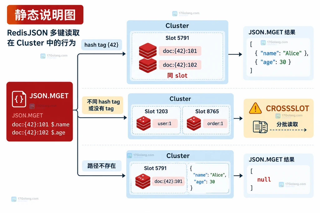 Redis Cluster 中 JSON.MGET 按 hash tag 同 slot 成功、跨 slot 分支和缺失路径 null 的静态说明图