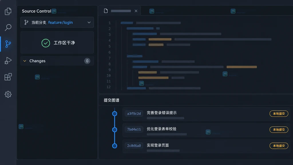 VS Code 风格源代码管理视图显示当前分支、干净工作区和提交图谱