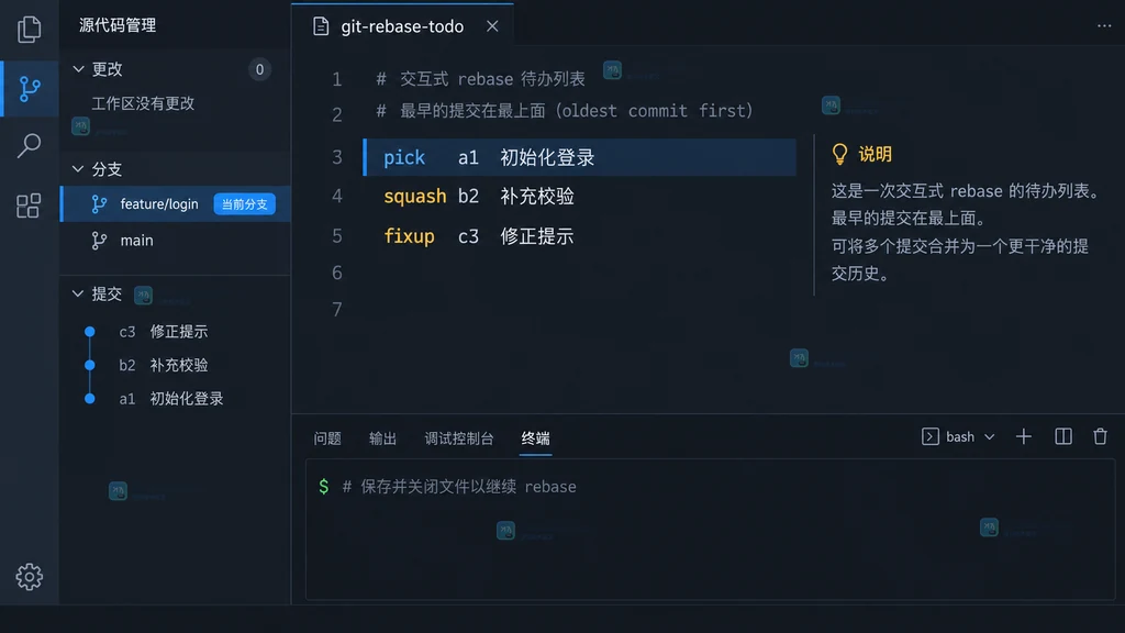 VS Code 风格 git-rebase-todo 编辑器显示 pick squash fixup 选择