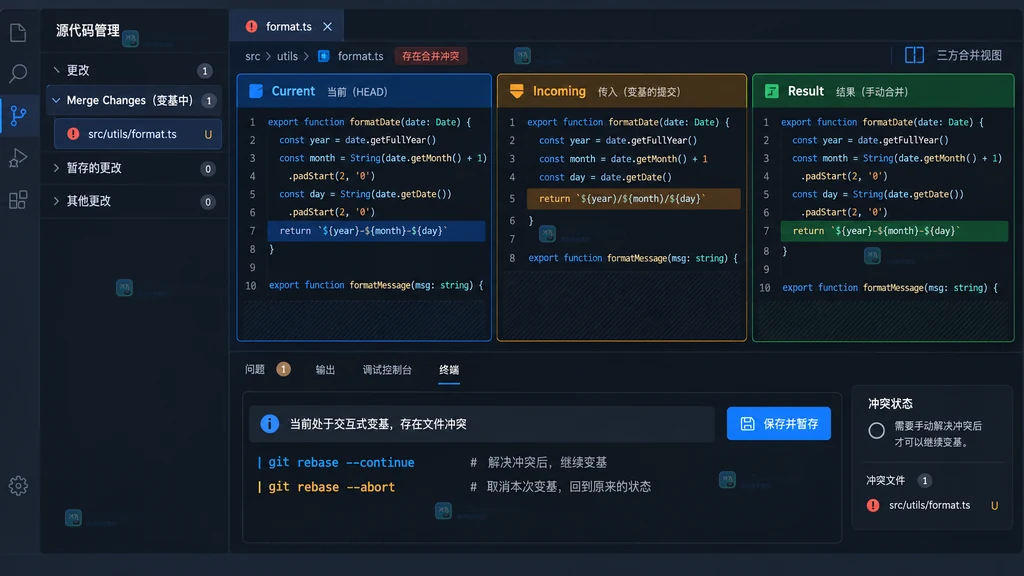 VS Code 风格冲突状态界面显示 Merge Changes、Current、Incoming 和继续命令
