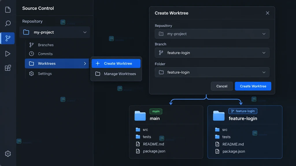 开发工具中从 Repositories 进入 Worktrees 创建并行分支的原创界面说明图