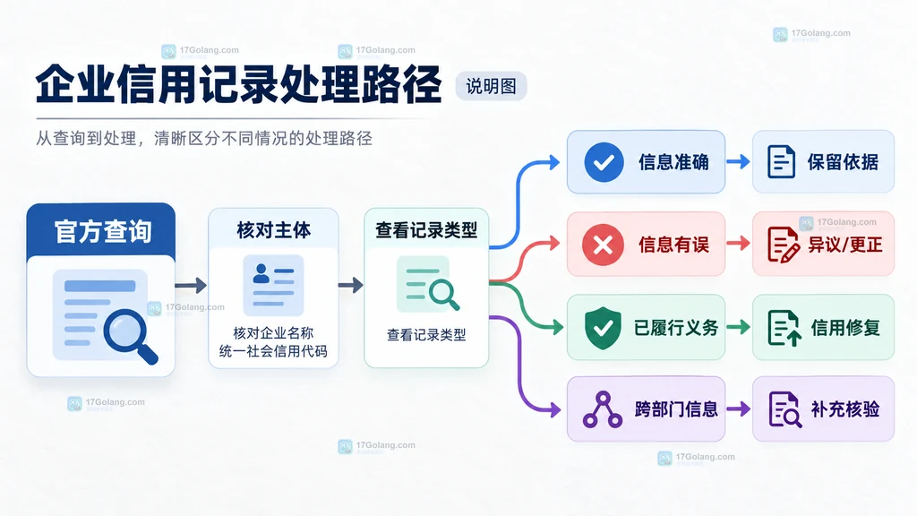 企业信用记录处理路径说明图,区分官方查询、信息更正、信用修复和跨部门补充核验