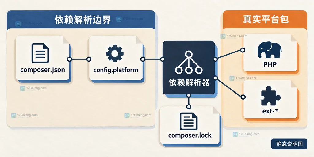PHP Composer composer.json、config.platform、PHP 与扩展平台包进入依赖解析器并写入 composer.lock 的静态关系说明图