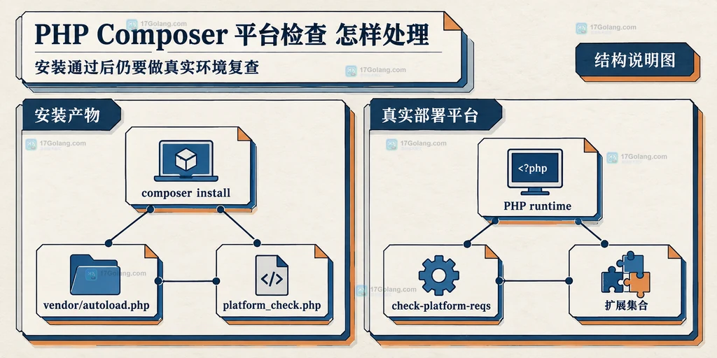 PHP Composer 安装产物、platform_check.php、check-platform-reqs 与真实 PHP 扩展集合之间的静态部署复查结构图