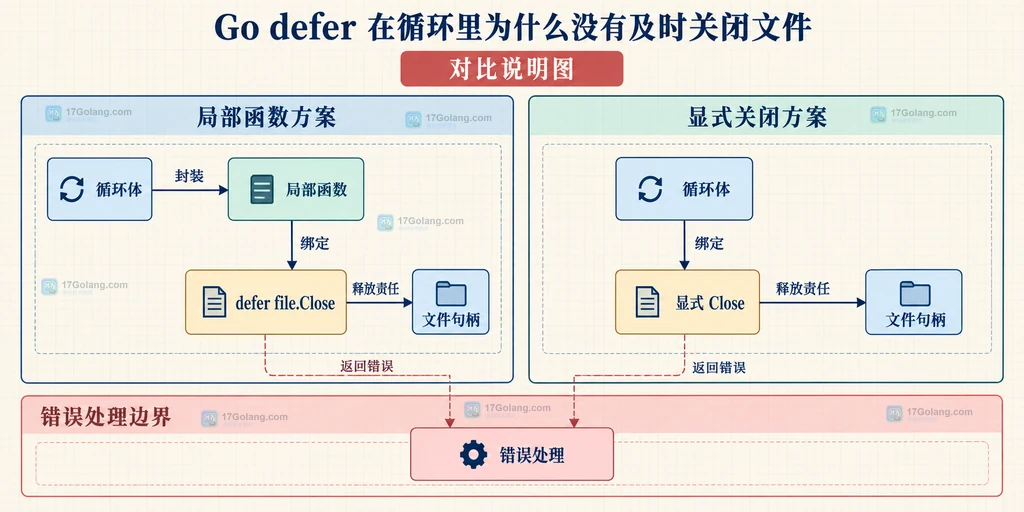 局部函数 defer 与循环体显式 Close 的静态对比说明图