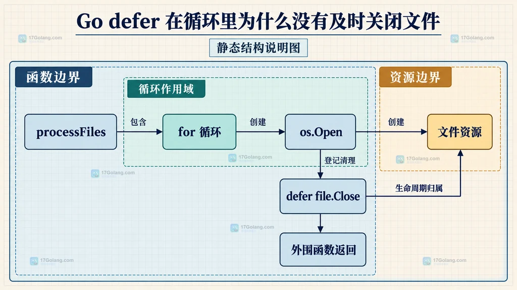 Go defer 循环、外围函数与文件资源边界的静态结构说明图