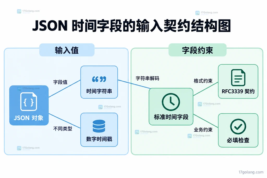 JSON 时间字段类型与默认时间解析契约的静态结构图