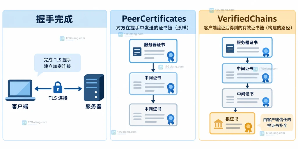 Go TLS 握手后 PeerCertificates 与 VerifiedChains 的静态关系说明图