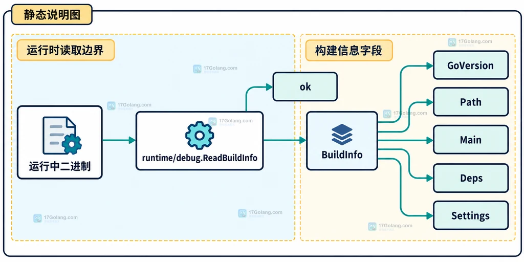 Go 运行中二进制通过 runtime/debug.ReadBuildInfo 返回 BuildInfo 字段的静态结构说明图