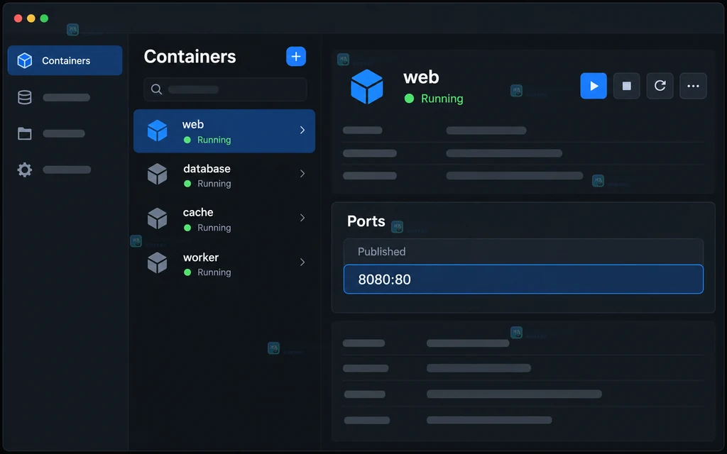 原创 Docker Desktop 容器端口映射界面说明图，显示宿主端口 8080 映射到容器端口 80