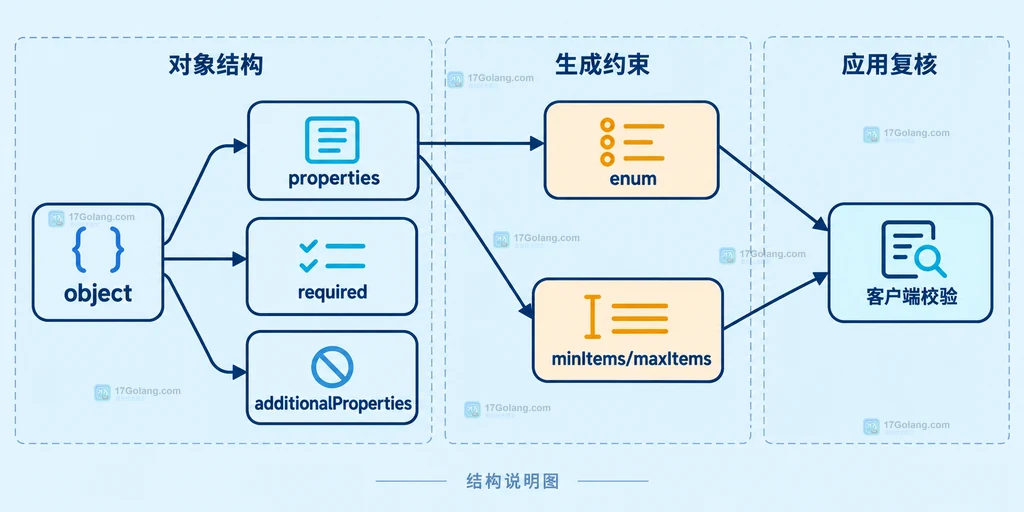 JSON Schema 的 properties、required、additionalProperties、enum、数组边界与客户端校验静态关系图