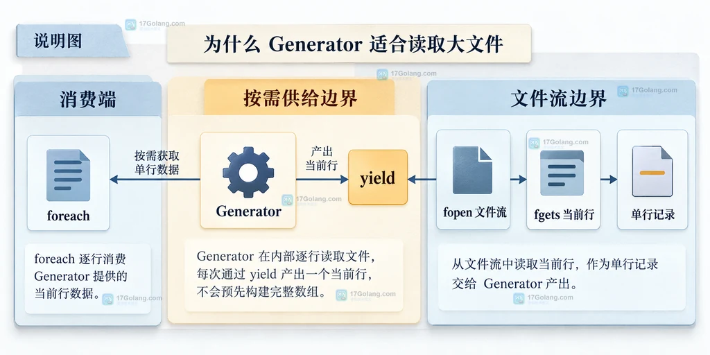foreach 消费端、PHP Generator、yield、fopen 文件流和 fgets 当前行之间的静态结构关系