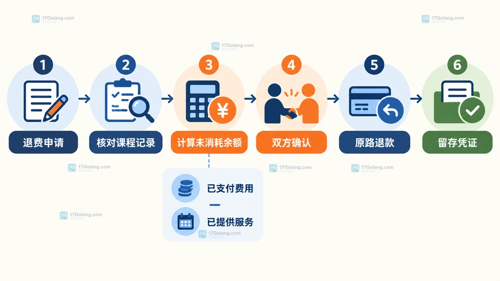 培训课程退费从申请、服务记录核对到金额计算和原路退款的原创流程说明图