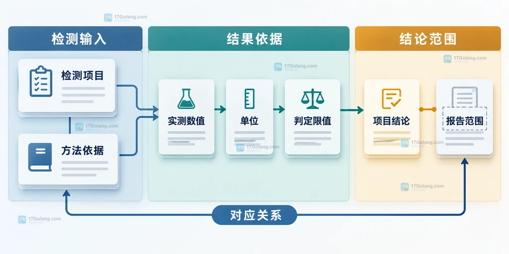 实验室检测报告结果与结论对应关系说明图，展示检测项目、方法依据、实测数值、判定限值和结论范围的静态关系