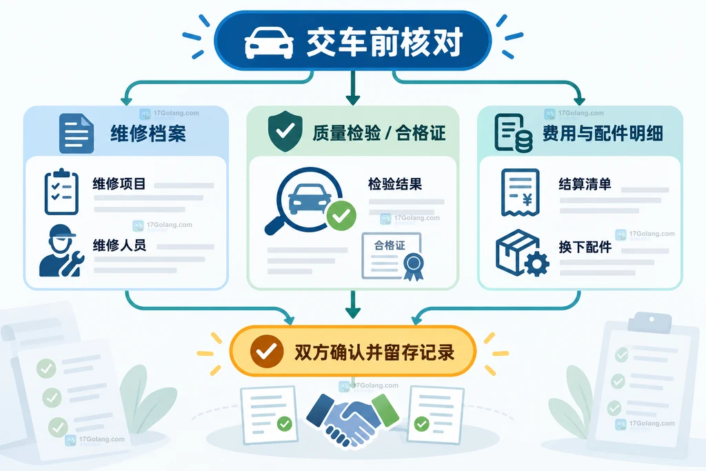 汽车维修交车前从维修档案质量文件和费用明细汇聚到双方确认的流程