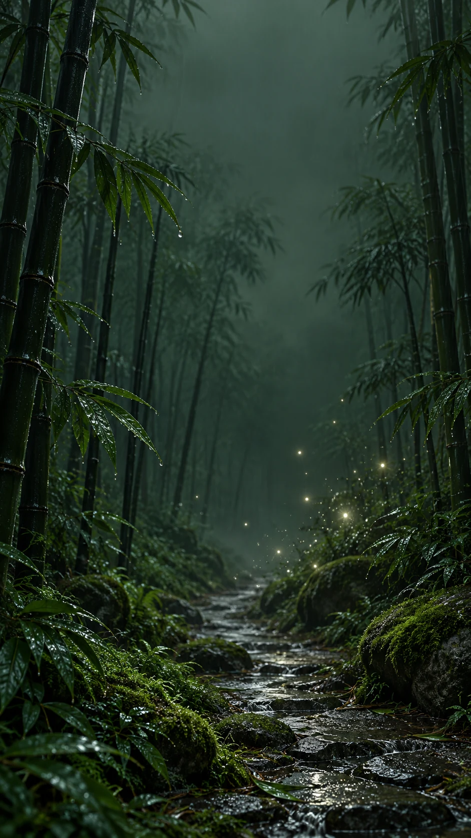 暮绿雨后竹林与中下部银白萤火的竖屏壁纸