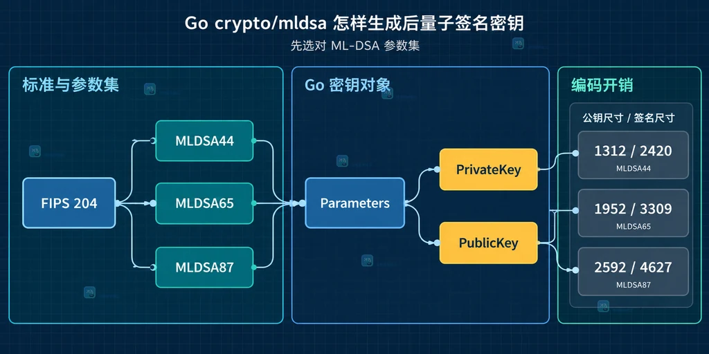 Go crypto mldsa 三组参数集与公钥签名编码尺寸的静态关系说明图