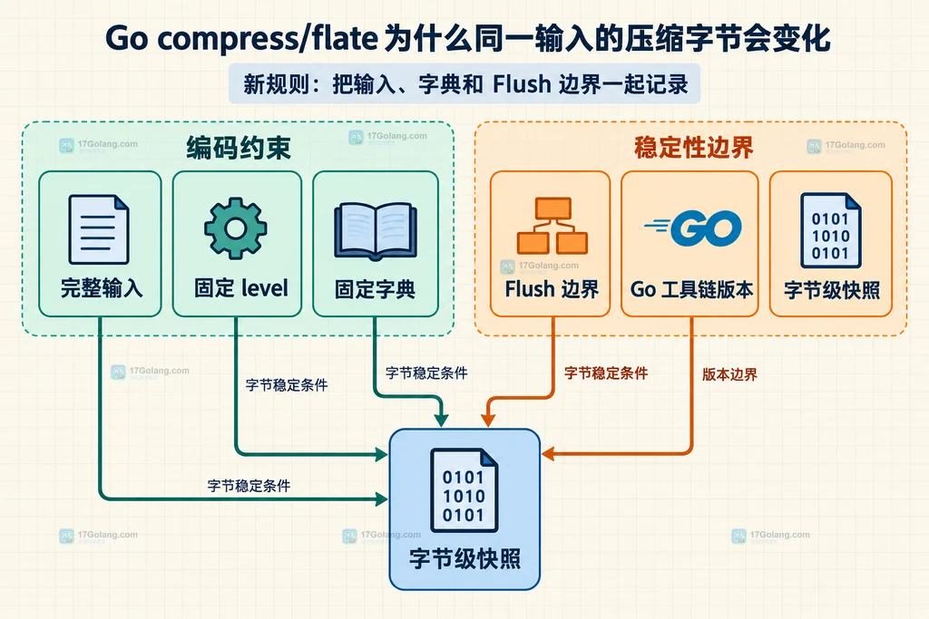 compress/flate 原始字节、编码条件与 DEFLATE 字节流之间的静态关系说明图