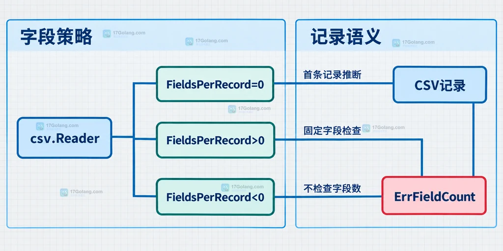 csv.Reader Read 返回记录、ParseError、ErrFieldCount 与业务接收函数之间静态职责关系图