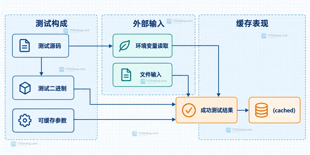 go test 测试二进制、环境变量读取和成功结果缓存之间的静态关系说明图