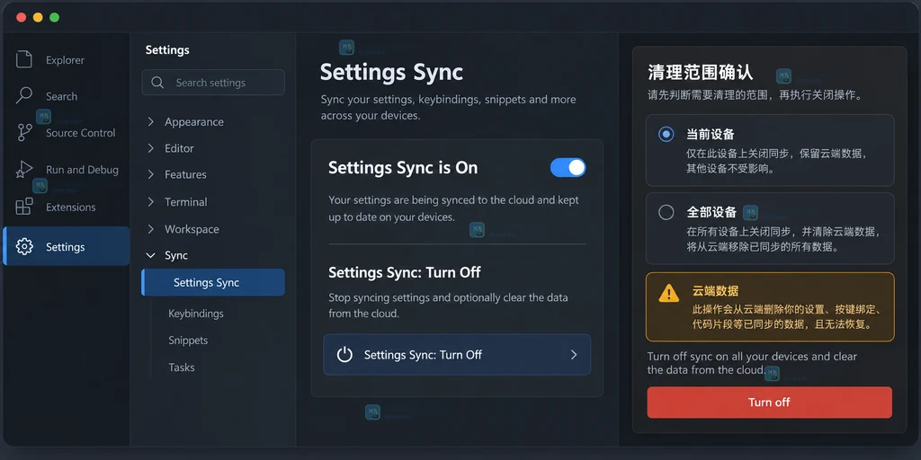 原创界面说明图展示 Settings Sync 关闭同步与清除云端数据选项