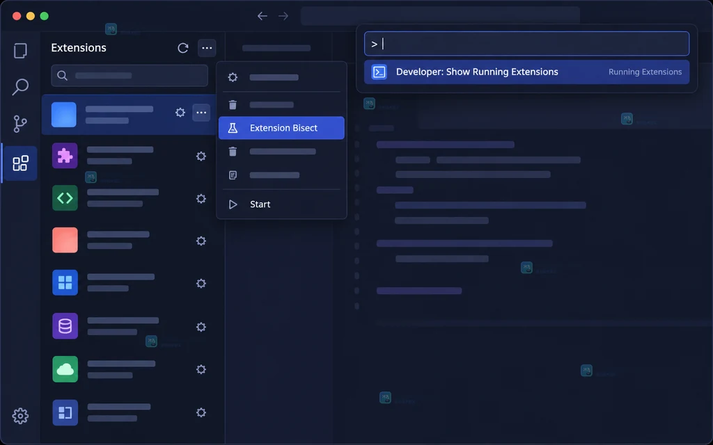 VS Code 风格原创界面说明图，显示 Running Extensions 诊断面板与被禁用的可疑扩展