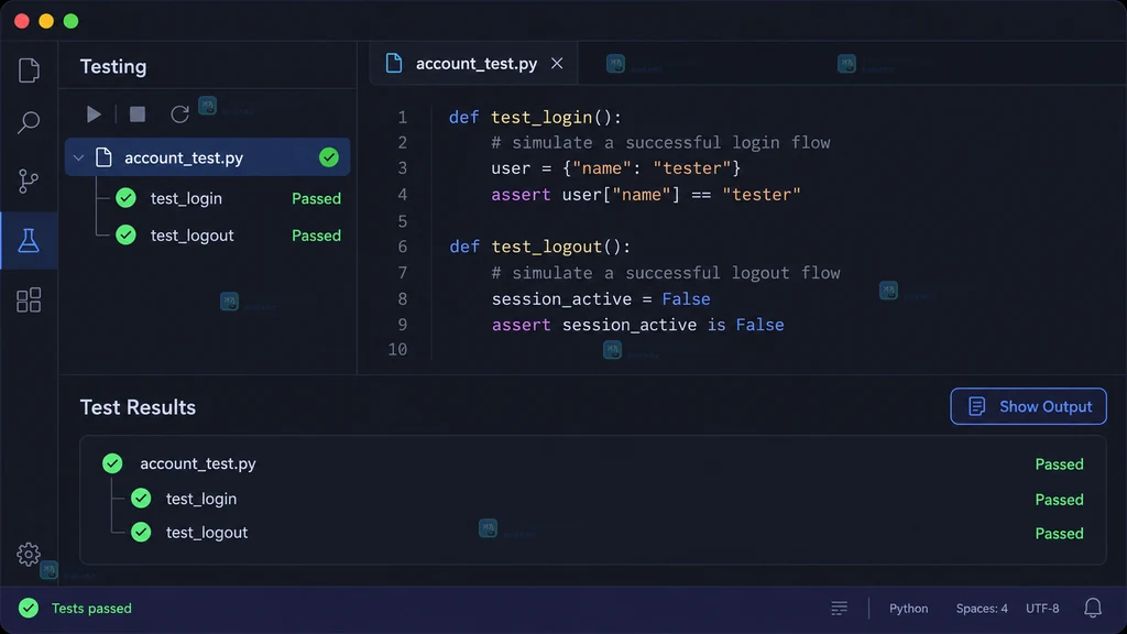 VS Code 测试结果面板显示当前文件测试通过的原创结果示意图